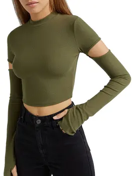 2023 Naujas Mados Moterų marškinėliai ilgomis Rankovėmis Įgulos Kaklo Tuščiaviduriai Kietas Slim Fit Rudenį Viršūnes Streetwear