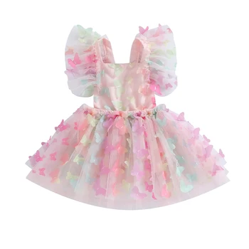Baby Girl Dress Skristi Rankovės Kvadratinių Kaklo Backless Kaklaraištis-up-line Suknelė 
