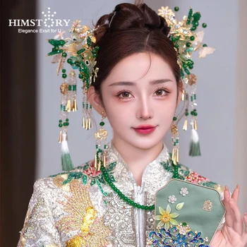 HIMSTORY Kinijos Plaukų Papuošalų Rinkinys Nuotaka Senovės Stiliaus Žalia Brangakmenio Hanfu Aksesuarų Rinkinys