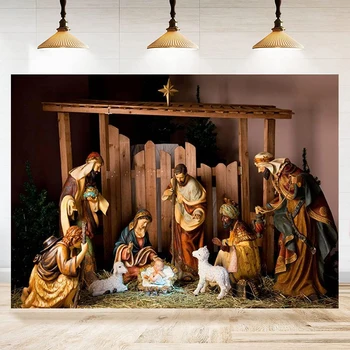 Jėzaus Kristaus Gimimas Fotografijos Fonas Kalėdas Ėdžiose Scena Figūrėlės Marija, Juozapas Avių Fone Tikėjimo Kristaus Papuošti Reklama