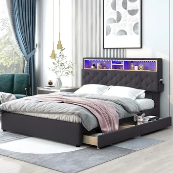 Lovos rėmas, didelis, paminkštintas platforma lova su saugojimo galvūgalio ir LED, USB jungtį ir 2 stalčiai, medinis lovos rėmas