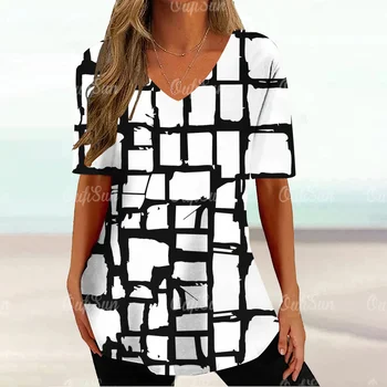 Nereguliarus Atspausdinta Marškinėliai Moterims Vasaros Checker Modelis Drabužius Street V-Kaklo trumpomis Rankovėmis Viršuje Atsitiktinis Mados moteriški Marškinėliai
