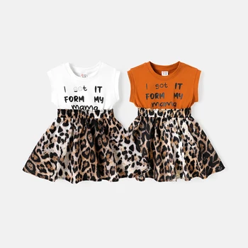 PatPat Baby Girl Medvilnės Bžūp rankovėmis Raidžių & Leopard Print Spliced Suknelė
