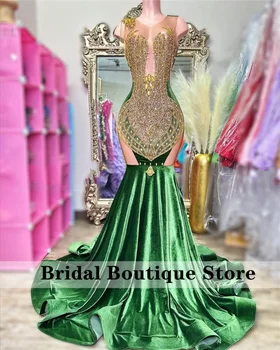 Sparkly Deimantų Žalia Prom Dresses Black Merginos Aksomo Kristalų Duobute Cirkonio Gimtadienio Suknelė Vestuvių Priimamasis