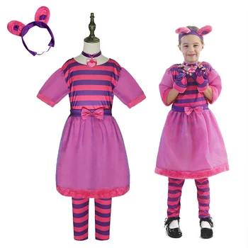 Vaikai Cheshire Cat Kostiumas Alice in Wonderland Cosplay Kostiumų Mielas Alice Cat Fancy Dress Helovinas Šalis Drabužiai Mergaitėms