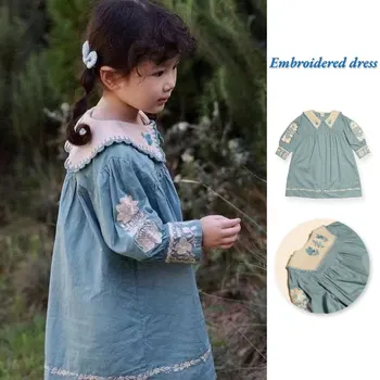 Vaikų Suknelė iki 2023 m. Rudens/Žiemos APO Retro Stiliaus Šviesiai Mėlyna Atvartas su Claved Krašto Merginos Princesė Suknelė