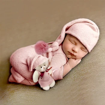 Ylsteed 3 Gabalus Nustatyti Naujagimio Jumpsuit Uodega Pom Skrybėlę Rinkinys su Mini Lėlė Baby Pink Fotografijos Apranga Nauja gimė Mergaitė Foto Rekvizitai